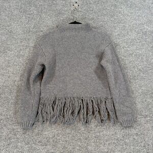 Alashan Sweater Women Small Gray Fringe Hem Merino Wool Mock Neck Pullover
